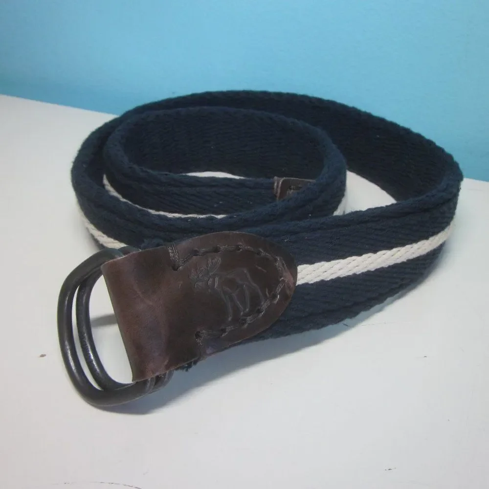 Abercrombie & Fitch Mens Woven Cotton Belt Size 32 Navy Blue w/ Leather Trim